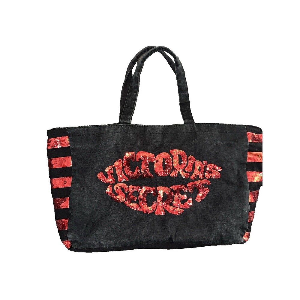Victoria's Secret Weekender Tote Bag Large Black Red Sequin Lips Stripe Canvas